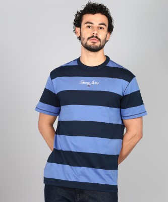 TOMMY HILFIGER Striped Men Round Neck Blue T-Shirt