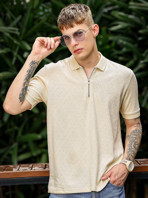 MANIAC Self Design Men Polo Neck White T-Shirt