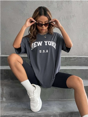 FURRR Printed Women Round Neck Grey T-Shirt