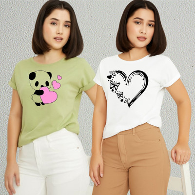 Lecowar Printed Women Round Neck Green, White T-Shirt