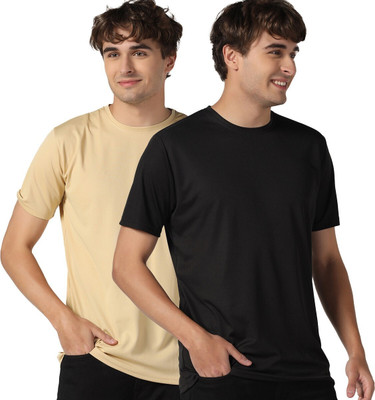 Lakshya Fashions Solid Men Round Neck Black, Beige T-Shirt