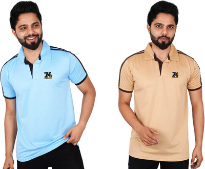 La Milano Striped Men Polo Neck Beige, Light Blue T-Shirt