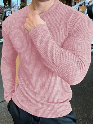 KAJARU Self Design Men Round Neck Pink T-Shirt