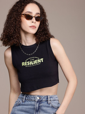Roadster Printed Women Round Neck Black T-Shirt