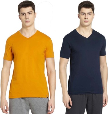 JOCKEY Solid Men V Neck Yellow, Dark Blue T-Shirt