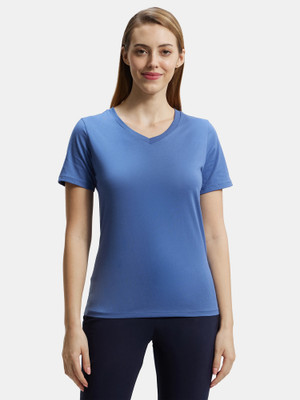 JOCKEY Solid Women V Neck Blue T-Shirt