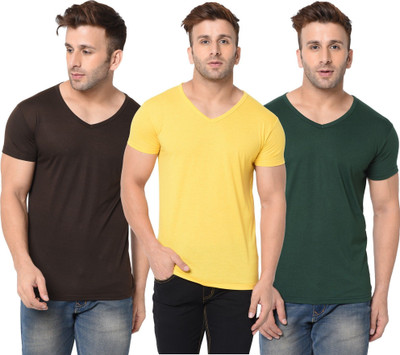 JB Jagoboy Solid Men V Neck Dark Green, Brown, Yellow T-Shirt