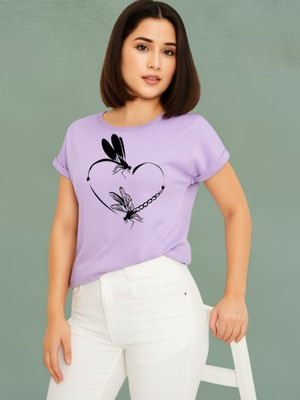 Lecowar Printed Women Round Neck Purple T-Shirt