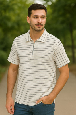 METRONAUT Striped Men Zip Neck White T-Shirt