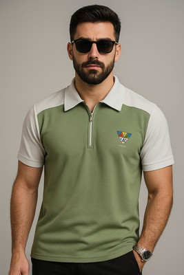 Ajmir Style Hub Colorblock Men Polo Neck Green T-Shirt