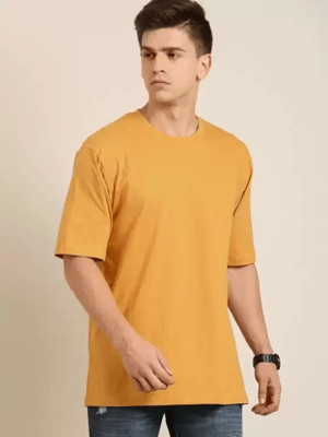 Earthstick Solid Men Round Neck Yellow T-Shirt
