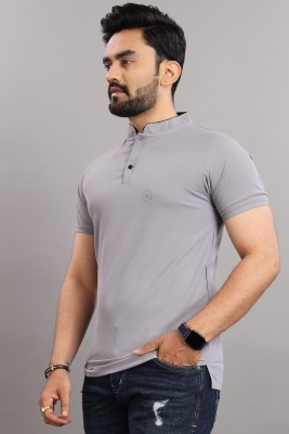 Sabhaya Enterprise Solid Men Mandarin Collar Reversible Grey T-Shirt
