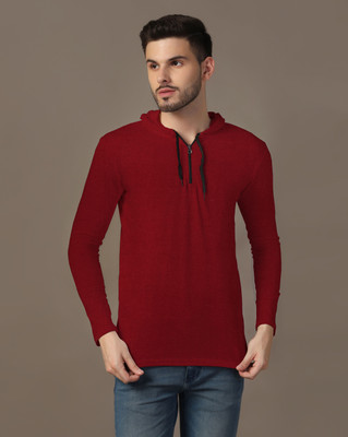 Blisstone Solid Men Hooded Neck Maroon T-Shirt