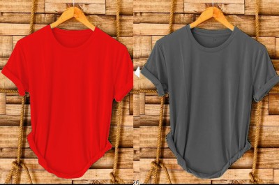 SR Fashion Solid Men Round Neck Red, Grey T-Shirt