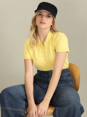 NEW-18 Solid Women Polo Neck Yellow T-Shirt