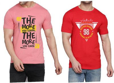 WOOSTRO Printed Men Round Neck Pink, Red T-Shirt