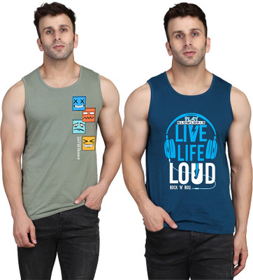 SLOWLORIS Printed Men Scoop Neck Dark Blue, Light Green T-Shirt
