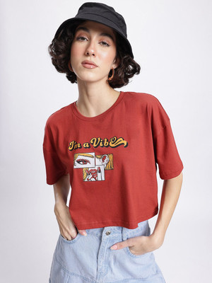 Glitchez Printed Women Round Neck Red T-Shirt