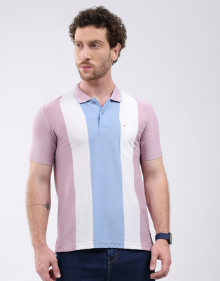 MONTE CARLO Striped Men Polo Neck Pink T-Shirt
