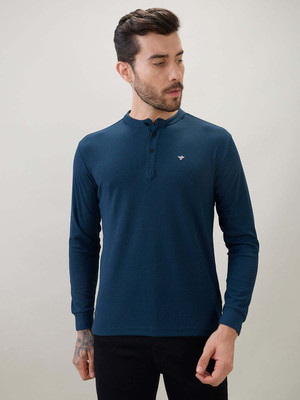 Status Quo Printed Men Henley Neck Blue T-Shirt