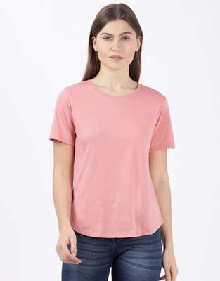JOCKEY Solid Women Round Neck Pink T-Shirt