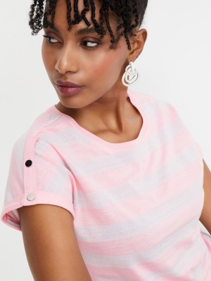 MAX Striped Women Round Neck Pink T-Shirt