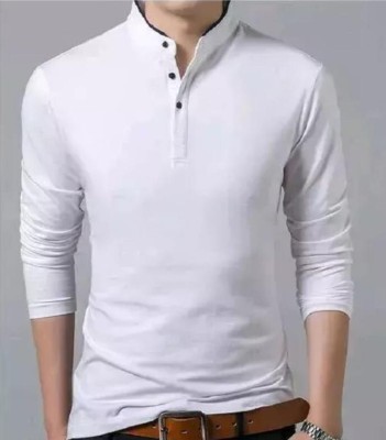 ApheFashion Solid Men Mandarin Collar White T-Shirt