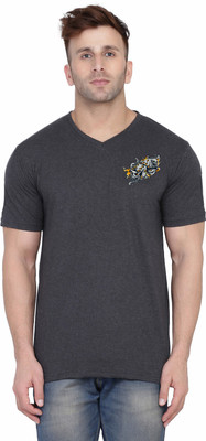 Money Leaf Printed Men V Neck Grey T-Shirt