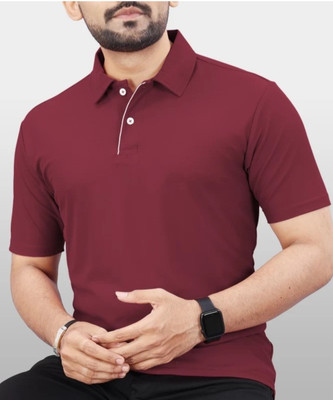 RUSKSUN Solid Men Polo Neck Maroon T-Shirt