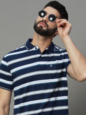 UNIBERRY Striped Men Polo Neck Dark Blue T-Shirt