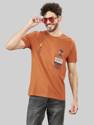 BE POSITIVE Printed, Typography Men Round Neck Orange T-Shirt