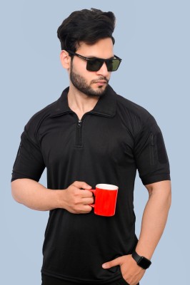 ONEBIT Solid Men Polo Neck Black T-Shirt