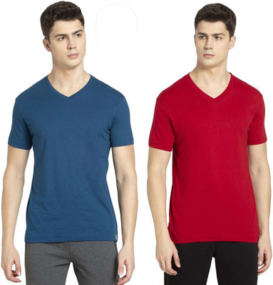 JOCKEY Solid Men V Neck Blue, Red T-Shirt