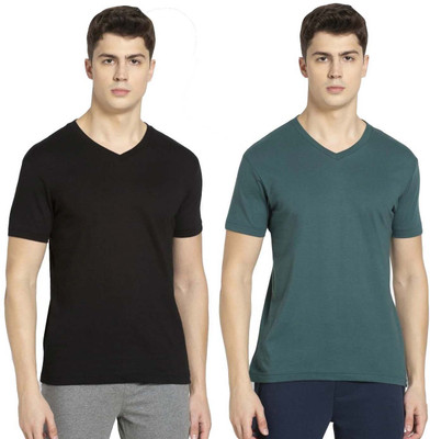 JOCKEY Solid Men V Neck Black, Green T-Shirt