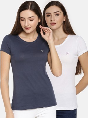 TWIN BIRDS Solid Women Round Neck Dark Blue, White T-Shirt