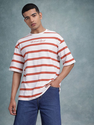 Roadster Striped Men Round Neck White T-Shirt