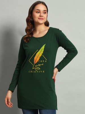 AD FASHION Printed Women Round Neck Dark Green T-Shirt