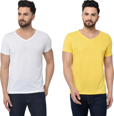 Adorbs Trend Solid Men V Neck White, Yellow T-Shirt