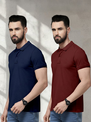 METRONAUT Solid Men Polo Neck Navy Blue, Maroon T-Shirt