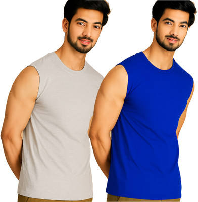 Adorbs Solid Men Round Neck Grey, Dark Blue T-Shirt