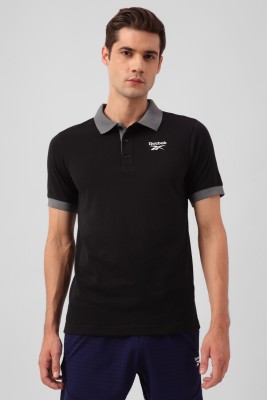REEBOK Solid Men Polo Neck Black T-Shirt