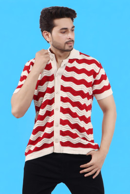 LWALS Striped, Chevron/Zig Zag Men Polo Neck White, Red T-Shirt