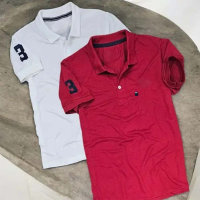 Bliss Bell Solid Men Polo Neck White, Red T-Shirt