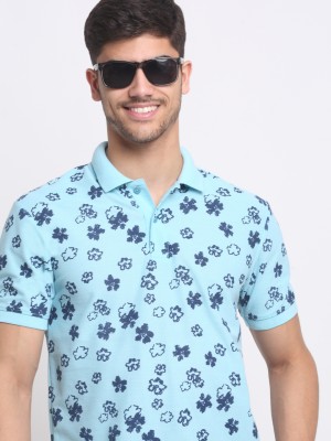 Affordable AF Printed Men Polo Neck Light Blue T-Shirt