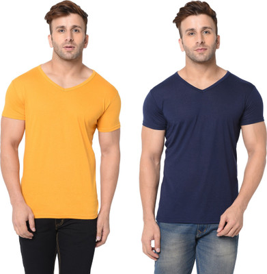 Tresna Trendy Solid Men V Neck Dark Blue, Yellow T-Shirt