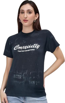 HouseOfCommon Printed Women Round Neck Black T-Shirt