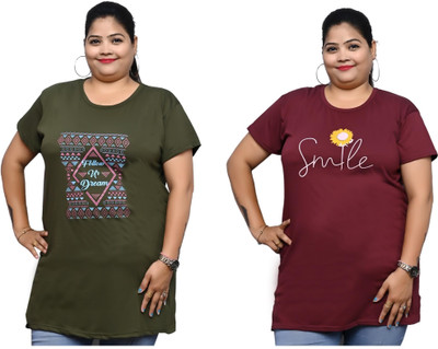 La Rainbow Printed Women Round Neck Dark Green, Maroon T-Shirt