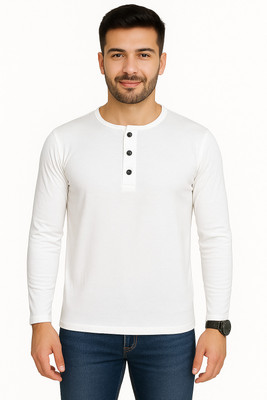 Money Leaf Solid Men Henley Neck White T-Shirt