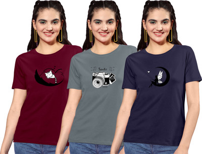 ZentWorld Graphic Print Women Round Neck Maroon, Grey, Navy Blue T-Shirt