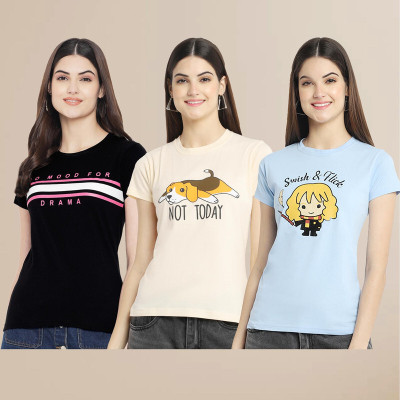 METRONAUT Printed Women Round Neck Multicolor T-Shirt